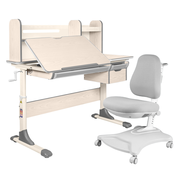 Комплект Anatomica Genius парта + кресло + надстройка + выдвижной ящик + подставка для книг клен/серый с серым креслом Robin